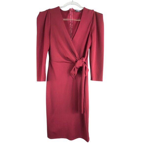 Fashion Nova Burgundy Long Sleeve Faux Wrap Dress Large Stretch Sexy Pinup Work - Picture 1 of 3